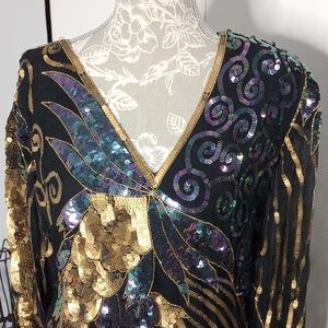 100% Silk Dragonfly Sequin Embellished V-Neck Gown